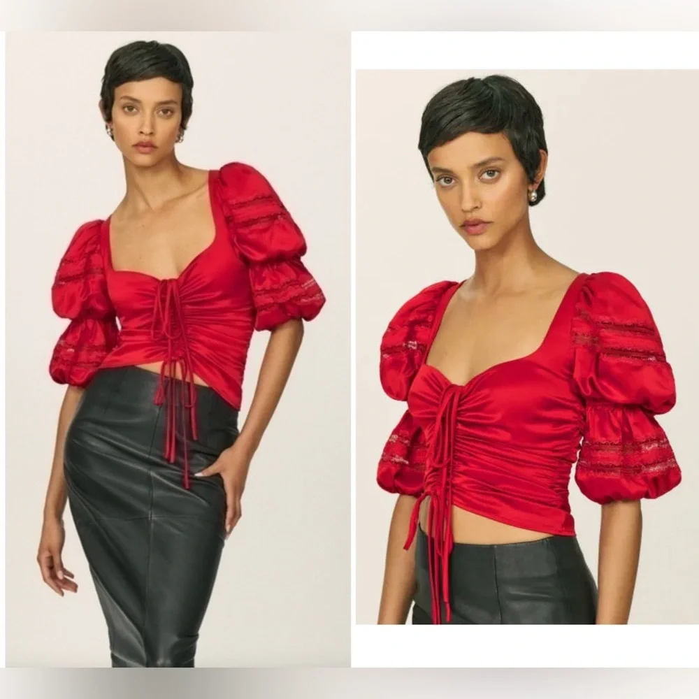 New! Reformation The Collection Winchester Puff Sleeve Blouse in Cherry Red 🍒 4